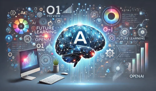 DALL·E 2024-09-14 17.11.58 - A dynamic and modern horizontal blog thumbnail image for an article about integrating OpenAI's o1-preview and o1-mini models into educational services